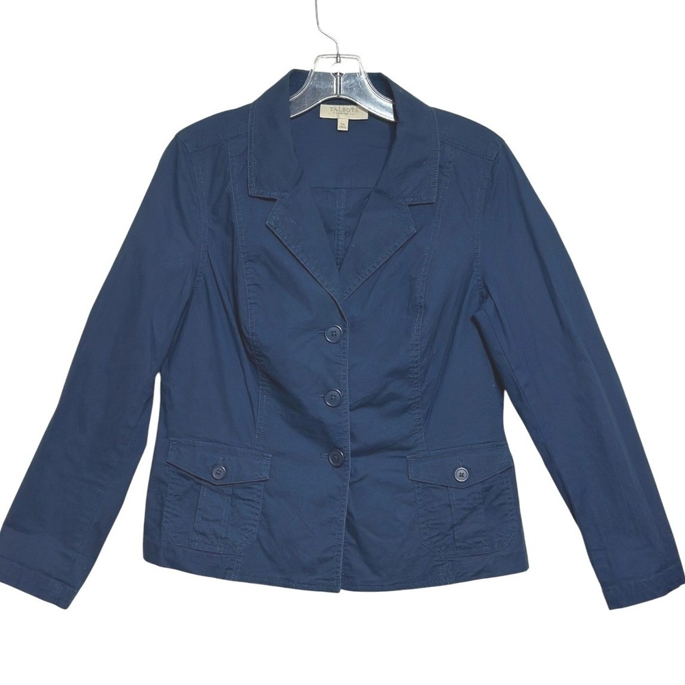 Talbots Blazer Women Navy Blue Cotton Button Front Tailored Fall Layering 10P